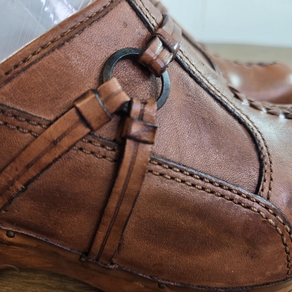 Vtg 1970s Fanfares Brown Leather Wooden Clogs - Picture 9 of 11